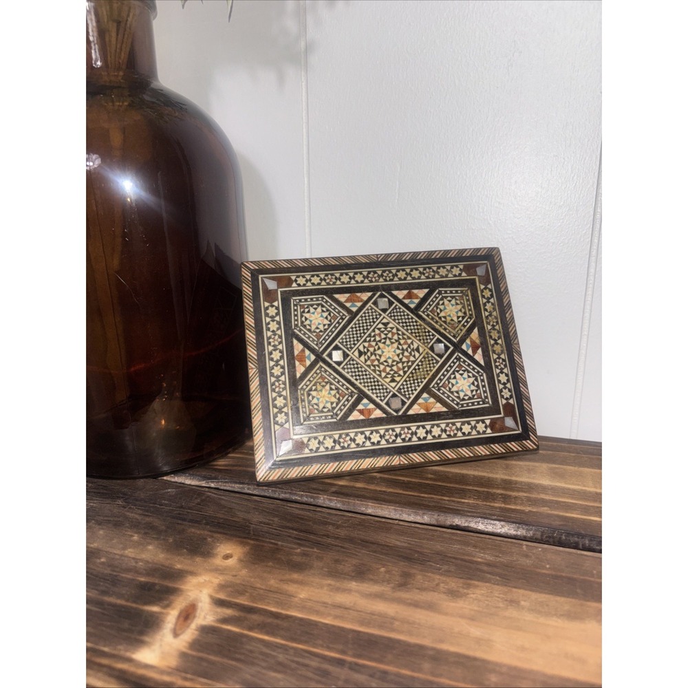 vintage handcrafted wooden trinket box mosaic inlay mother-of-pearl accents